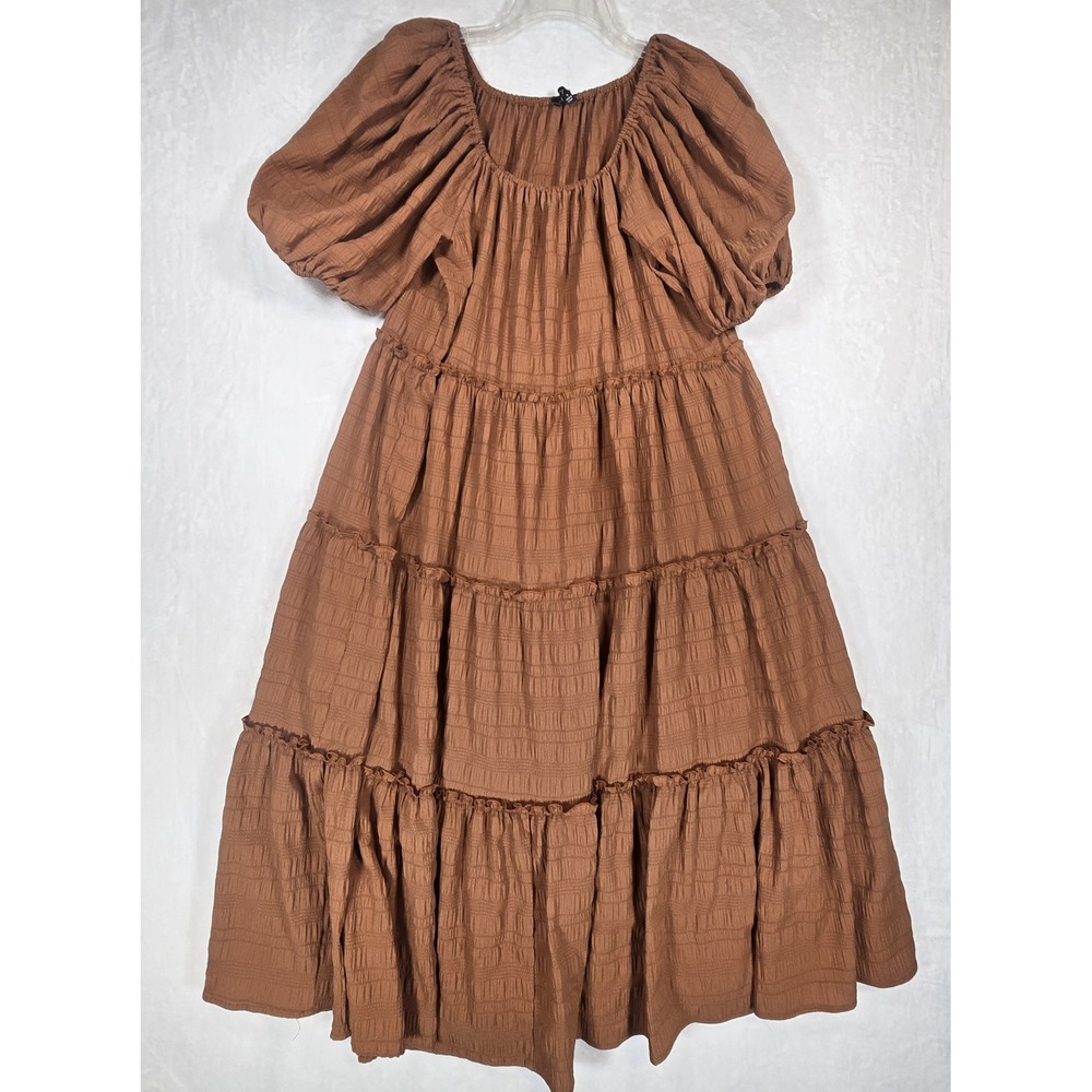 Emory Park Rust Brown Tiered Puff Sleeve Textured Midi Dress Small IMC5633D